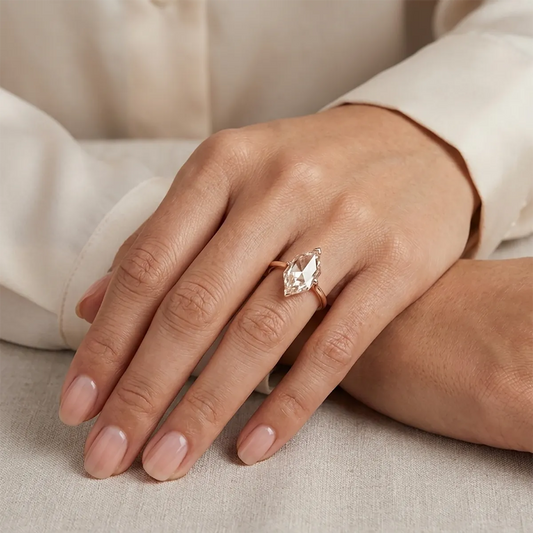 Hexagonal portrait cut 2.50ct solitaire ring in 14K rose gold with slim 1.8mm band and geometric Art Deco design.