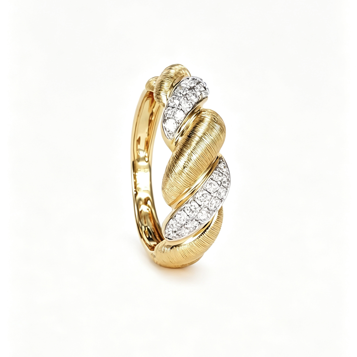 Vintage Brushed Croissant Textured Gold Pavé Lab Diamond Ring