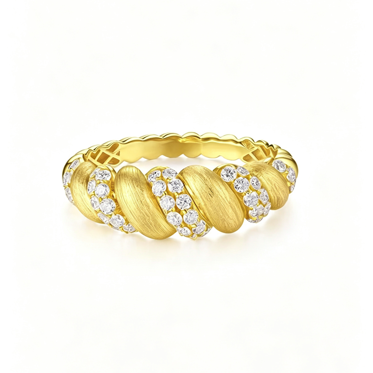Vintage Brushed Croissant Textured Gold Pavé Lab Diamond Ring