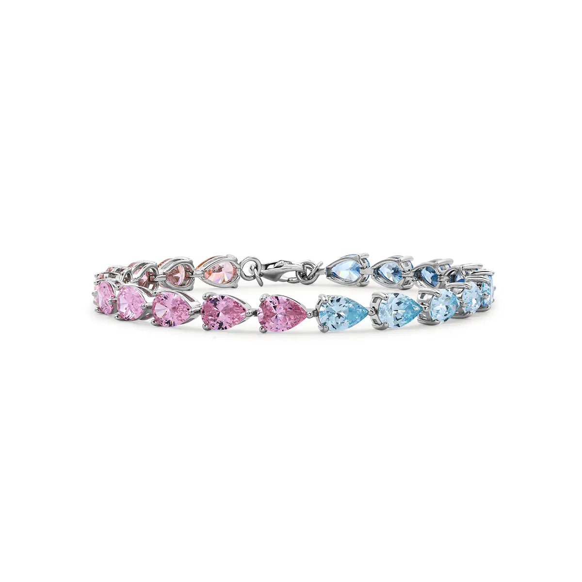 Colorful half pink half blue tennis bracelet with pear shaped gemstones