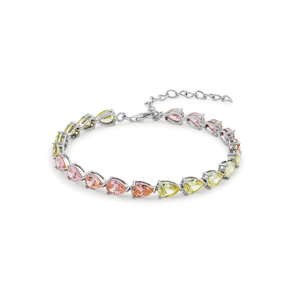 Modern sterling silver tennis bracelet with pear cut multicolor zirconia gems