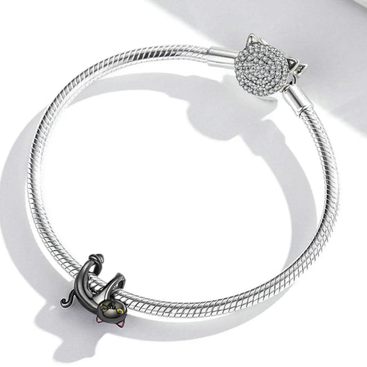 Spooky Black Cat Charm Bead with vintage oxidized silver finish for Halloween bracelets and jewelry