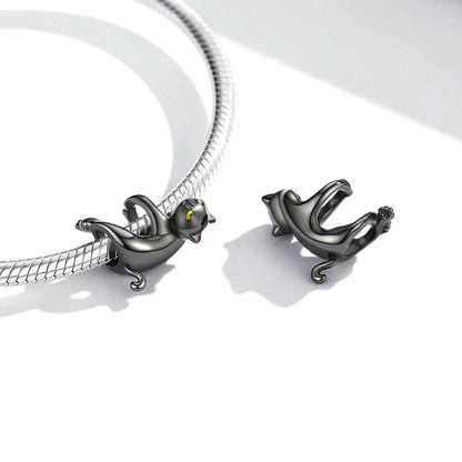 Spooky Black Cat Charm Bead with vintage oxidized silver finish for Halloween bracelets and jewelry