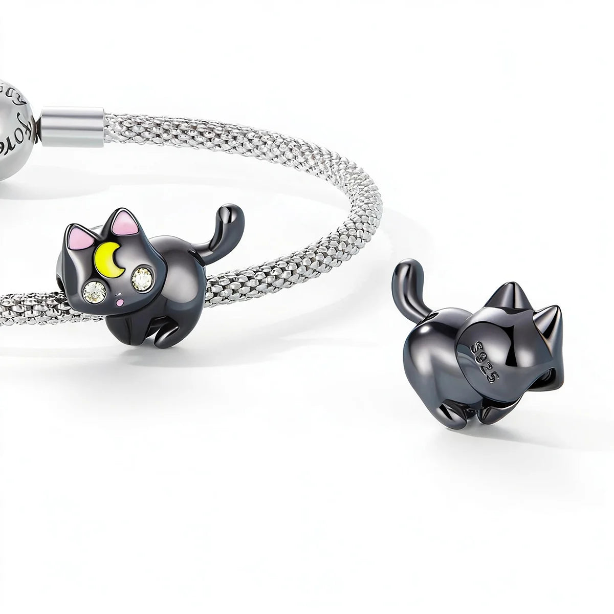 Moon & Cat Halloween Charm Bead – black gold plated moon cat design for festive bracelets