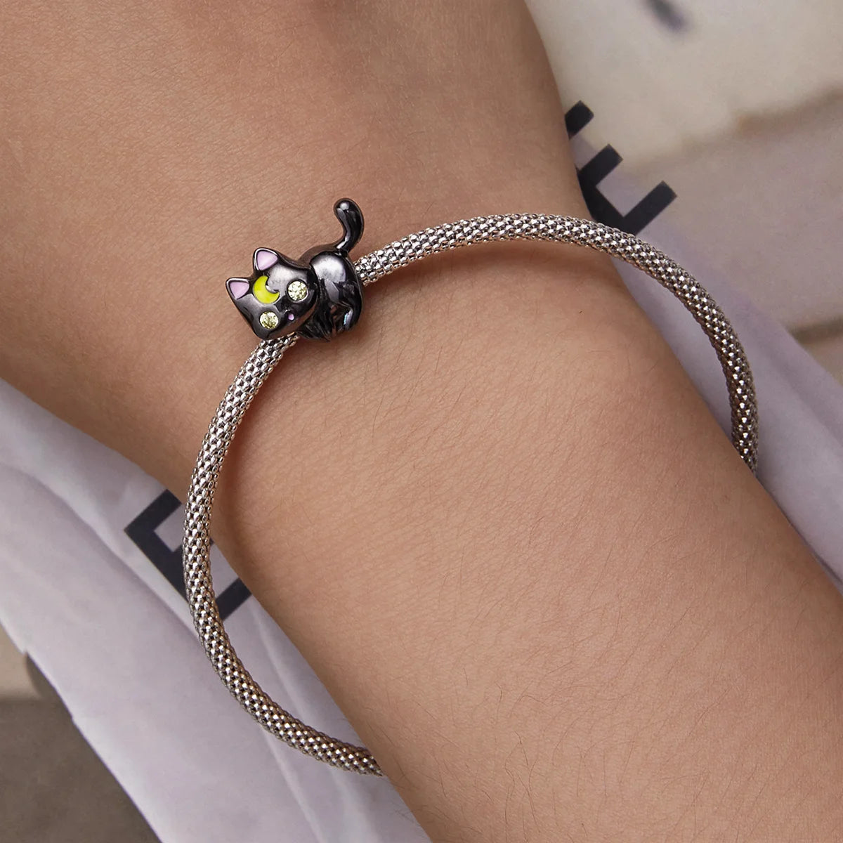 Moon & Cat Halloween Charm Bead – black gold plated moon cat design for festive bracelets