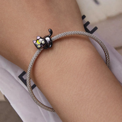Moon & Cat Halloween Charm Bead – black gold plated moon cat design for festive bracelets