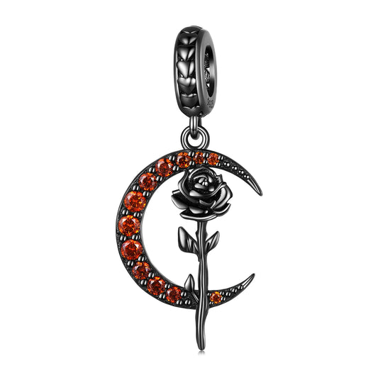 Black Gold Plated Sterling Silver Moon & Rose Charm for Bracelets