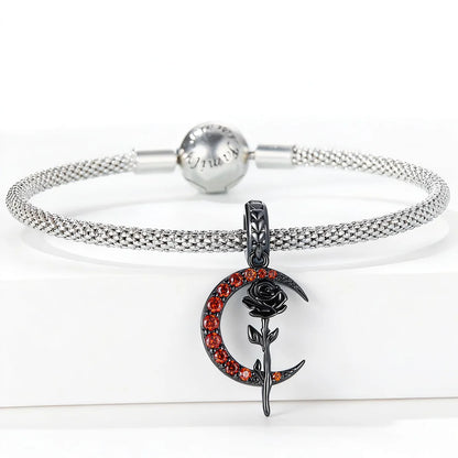 Black Gold Plated Sterling Silver Moon & Rose Charm for Bracelets