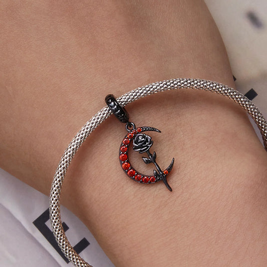 Black Gold Plated Sterling Silver Moon & Rose Charm for Bracelets