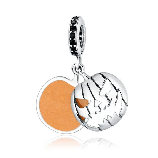 Spooky Pumpkin Charm Bead in Sterling Silver with Enamel and Pavé CZ
