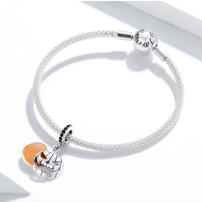Spooky Pumpkin Charm Bead in Sterling Silver with Enamel and Pavé CZ