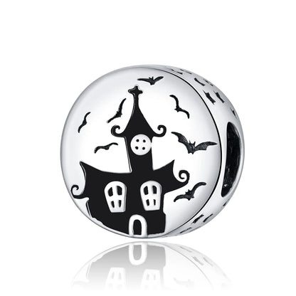 Gothic Haunted Castle Bracelet Bead, Oxidized Silver with Enamel
