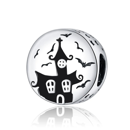 Gothic Haunted Castle Bracelet Bead, Oxidized Silver with Enamel