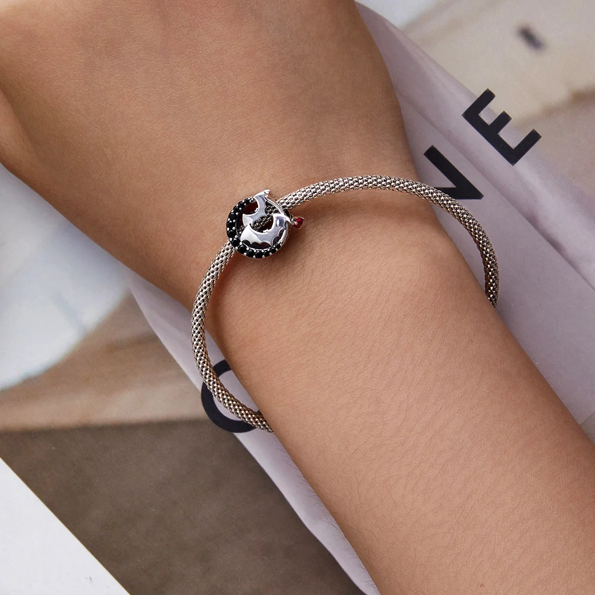 Midnight Bat Charm Bead in Oxidized Sterling Silver for Bracelets