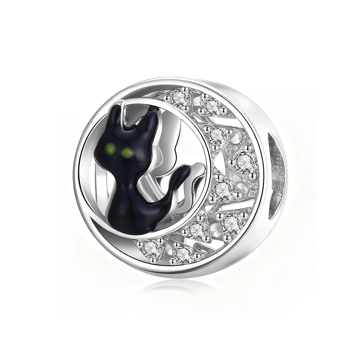 Halloween Black Cat Bracelet Charm, Platinum Plated Sterling Silver Bead
