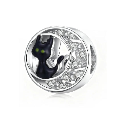 Halloween Black Cat Bracelet Charm, Platinum Plated Sterling Silver Bead