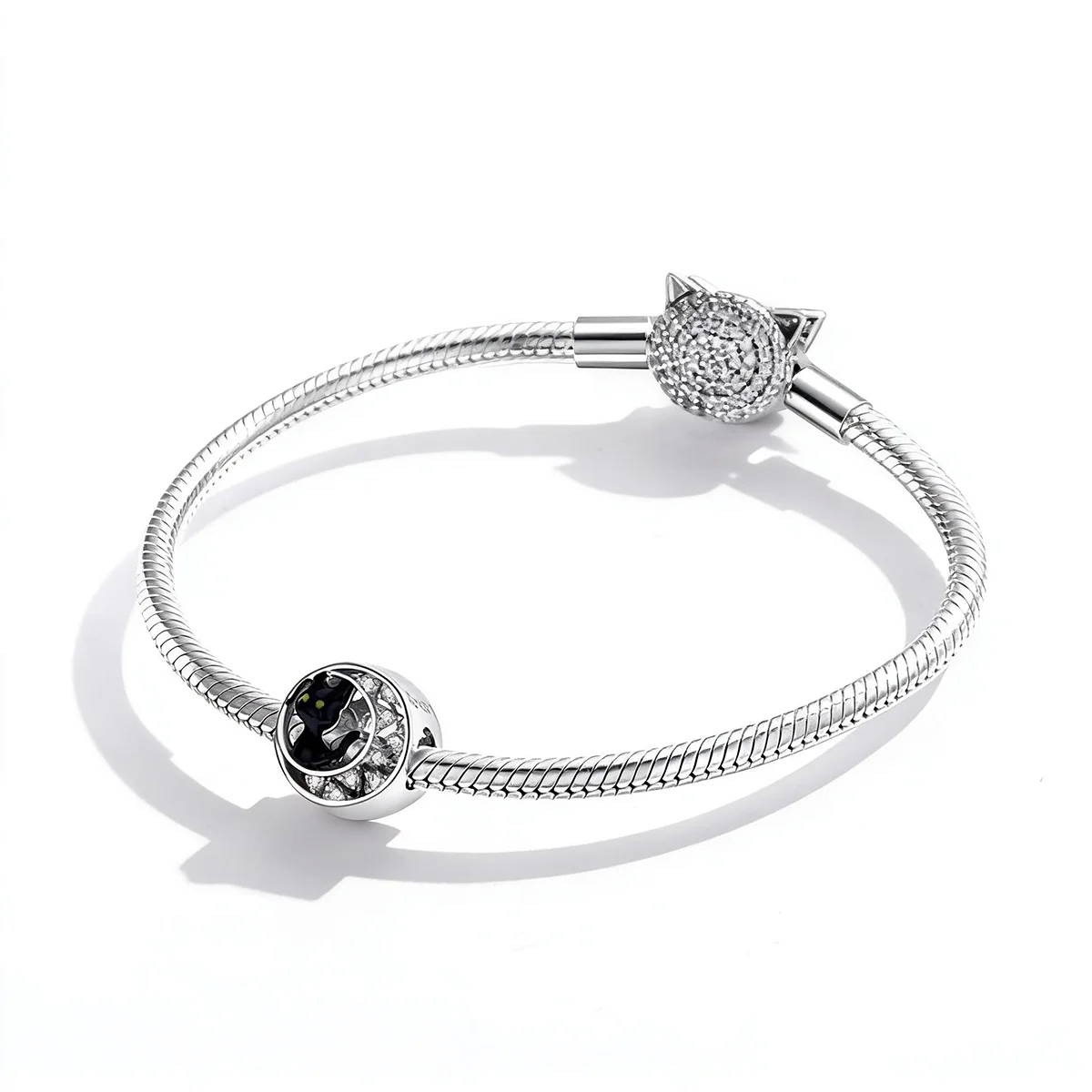 Halloween Black Cat Bracelet Charm, Platinum Plated Sterling Silver Bead