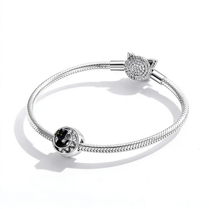 Halloween Black Cat Bracelet Charm, Platinum Plated Sterling Silver Bead