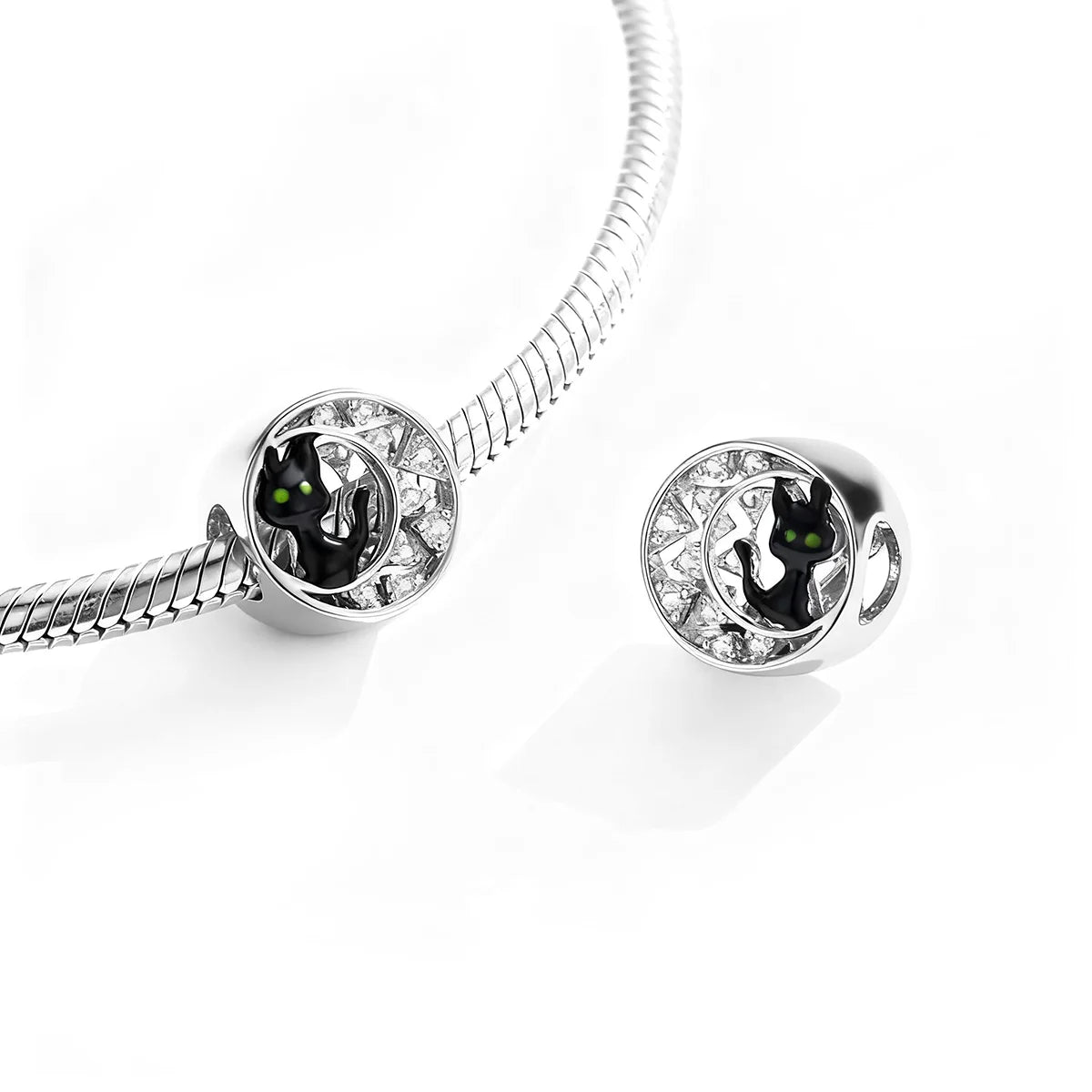 Halloween Black Cat Bracelet Charm, Platinum Plated Sterling Silver Bead