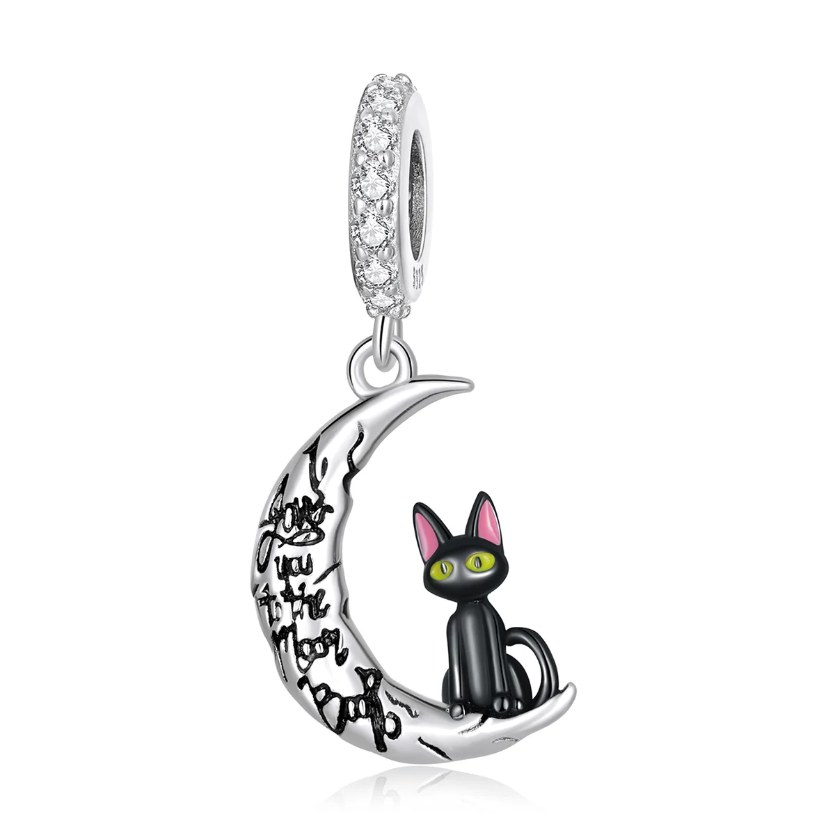 Moon and black cat bracelet in silver with black gold and rose gold enamel charm.