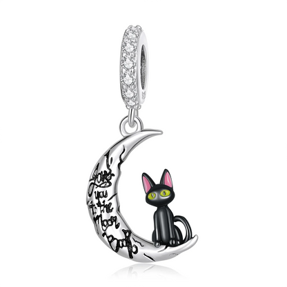 Moon and black cat bracelet in silver with black gold and rose gold enamel charm.