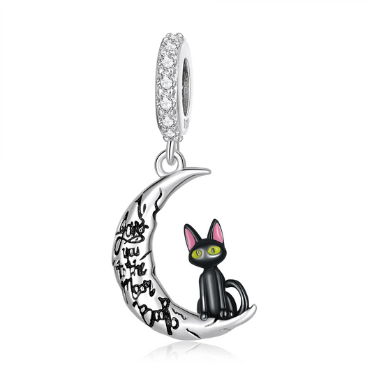 Moon and black cat bracelet in silver with black gold and rose gold enamel charm.