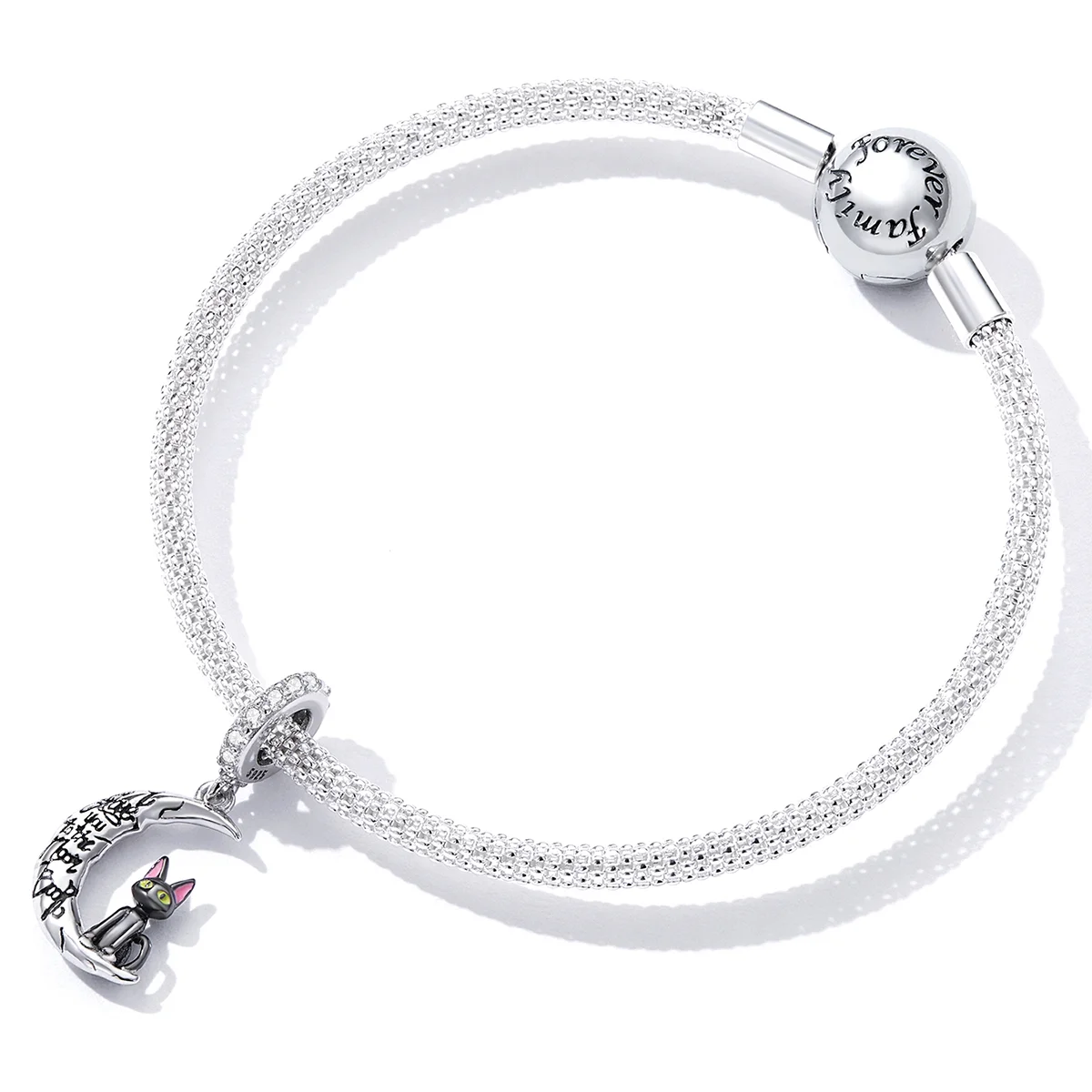 Moon and black cat bracelet in silver with black gold and rose gold enamel charm.