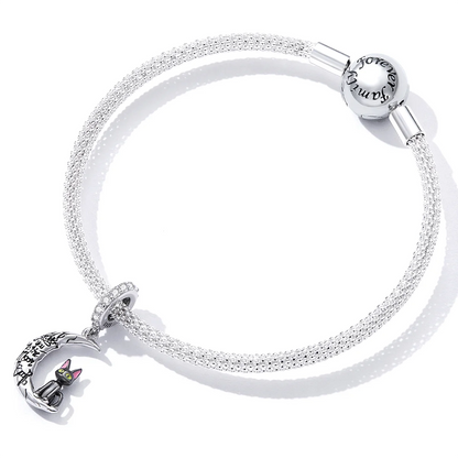 Moon and black cat bracelet in silver with black gold and rose gold enamel charm.