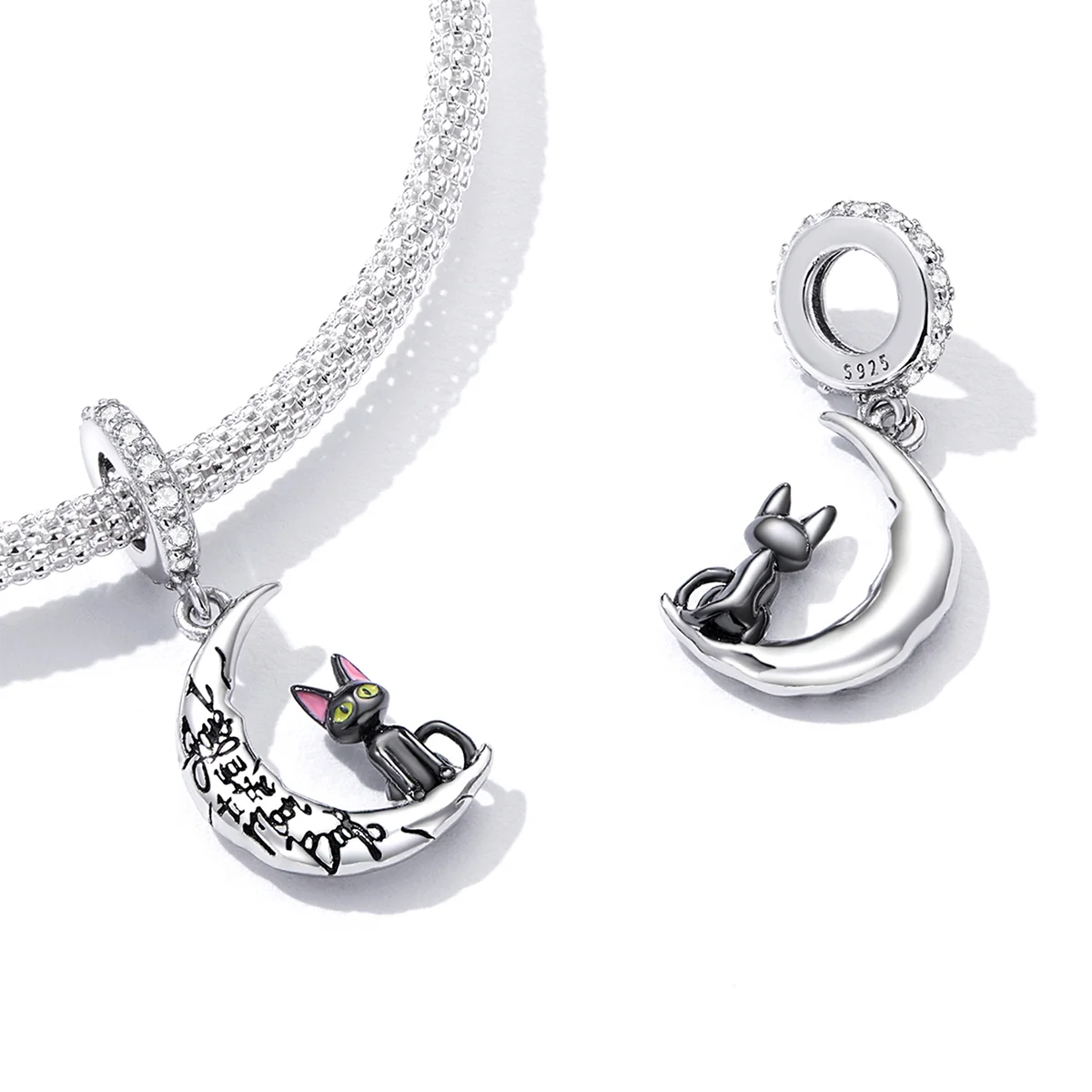 Moon and black cat bracelet in silver with black gold and rose gold enamel charm.