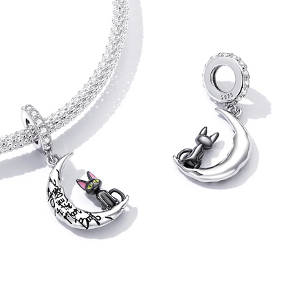 Moon and black cat bracelet in silver with black gold and rose gold enamel charm.