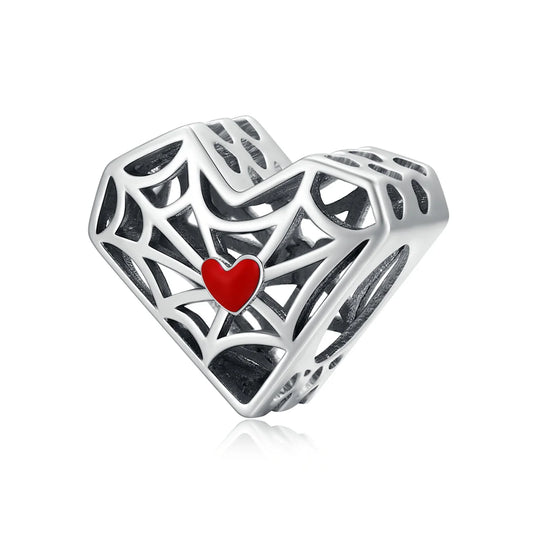 Spiderweb Heart charm bead made of 925 sterling silver, oxidized finish heart pendant with spiderweb design for bracelets