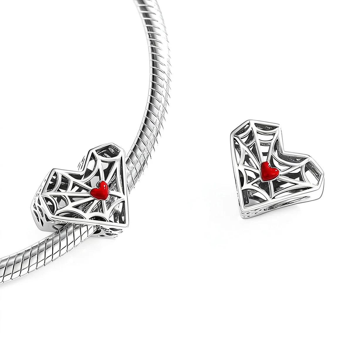Spiderweb Heart charm bead made of 925 sterling silver, oxidized finish heart pendant with spiderweb design for bracelets