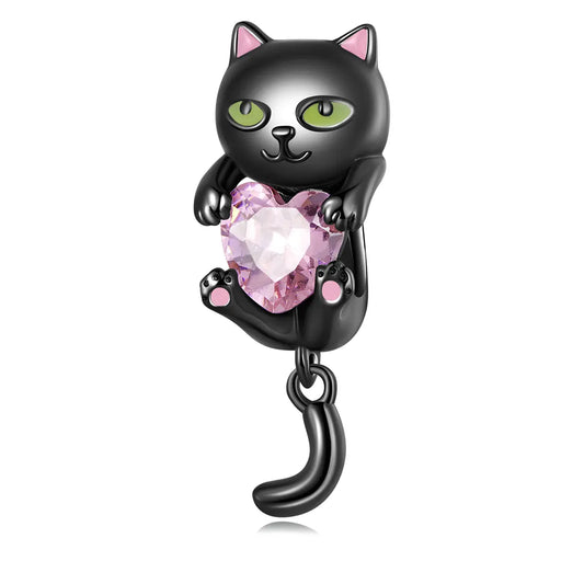 Black cat charm bracelet with enamel detail and cubic zirconia, crafted in sterling silver with black gold plating for Halloween style