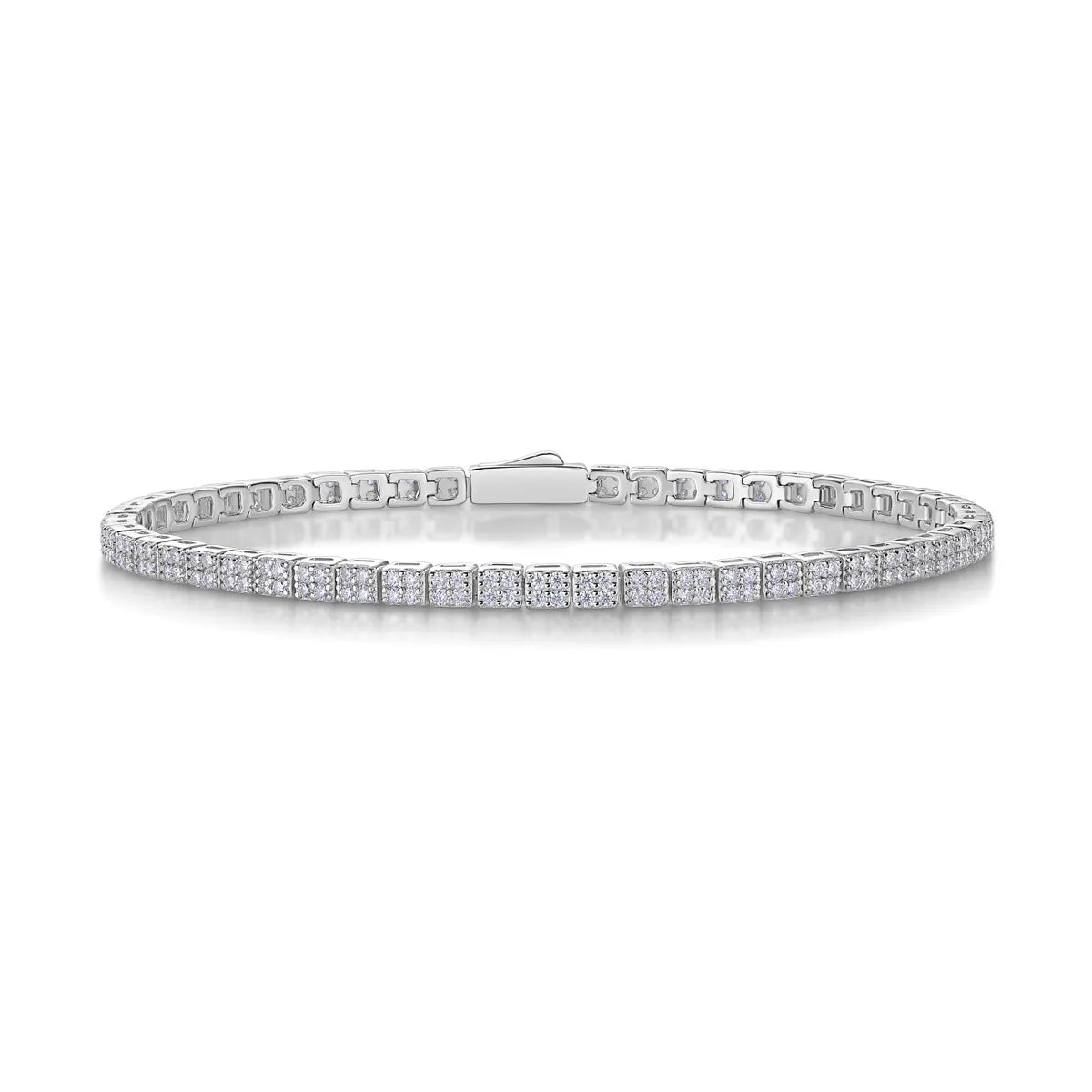 Round Moissanite Square-Cluster Bracelet in 925 sterling silver with 18K white gold plating, featuring four-stone square clusters for a modern geometric look.
