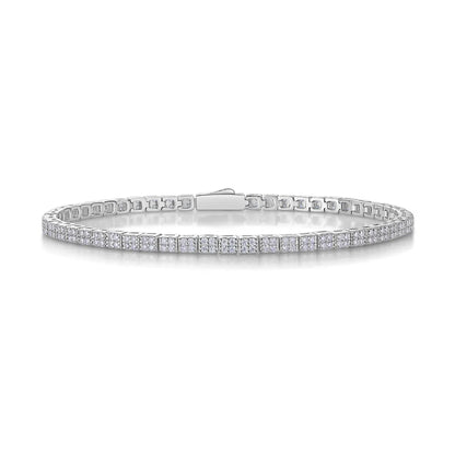 Round Moissanite Square-Cluster Bracelet in 925 sterling silver with 18K white gold plating, featuring four-stone square clusters for a modern geometric look.