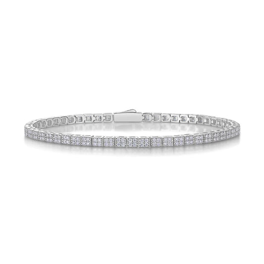 Round Moissanite Square-Cluster Bracelet in 925 sterling silver with 18K white gold plating, featuring four-stone square clusters for a modern geometric look.