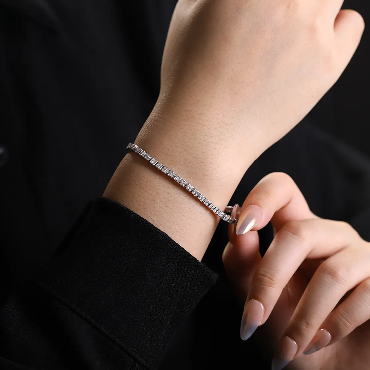 Round Moissanite Square-Cluster Bracelet in 925 sterling silver with 18K white gold plating, featuring four-stone square clusters for a modern geometric look.