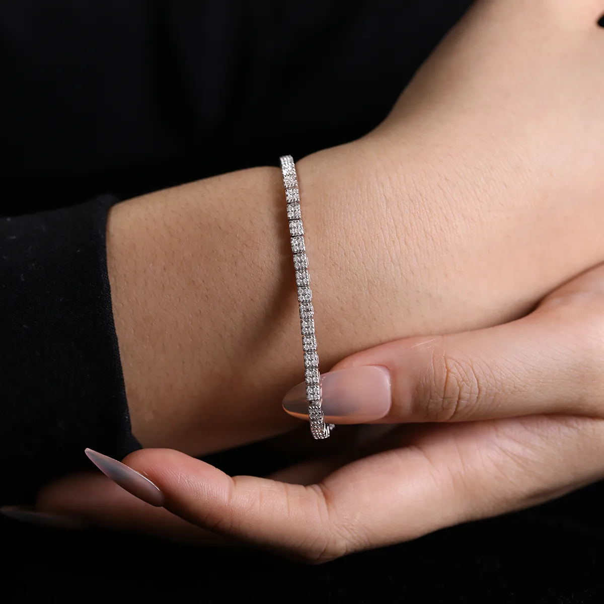 Round Moissanite Square-Cluster Bracelet in 925 sterling silver with 18K white gold plating, featuring four-stone square clusters for a modern geometric look.