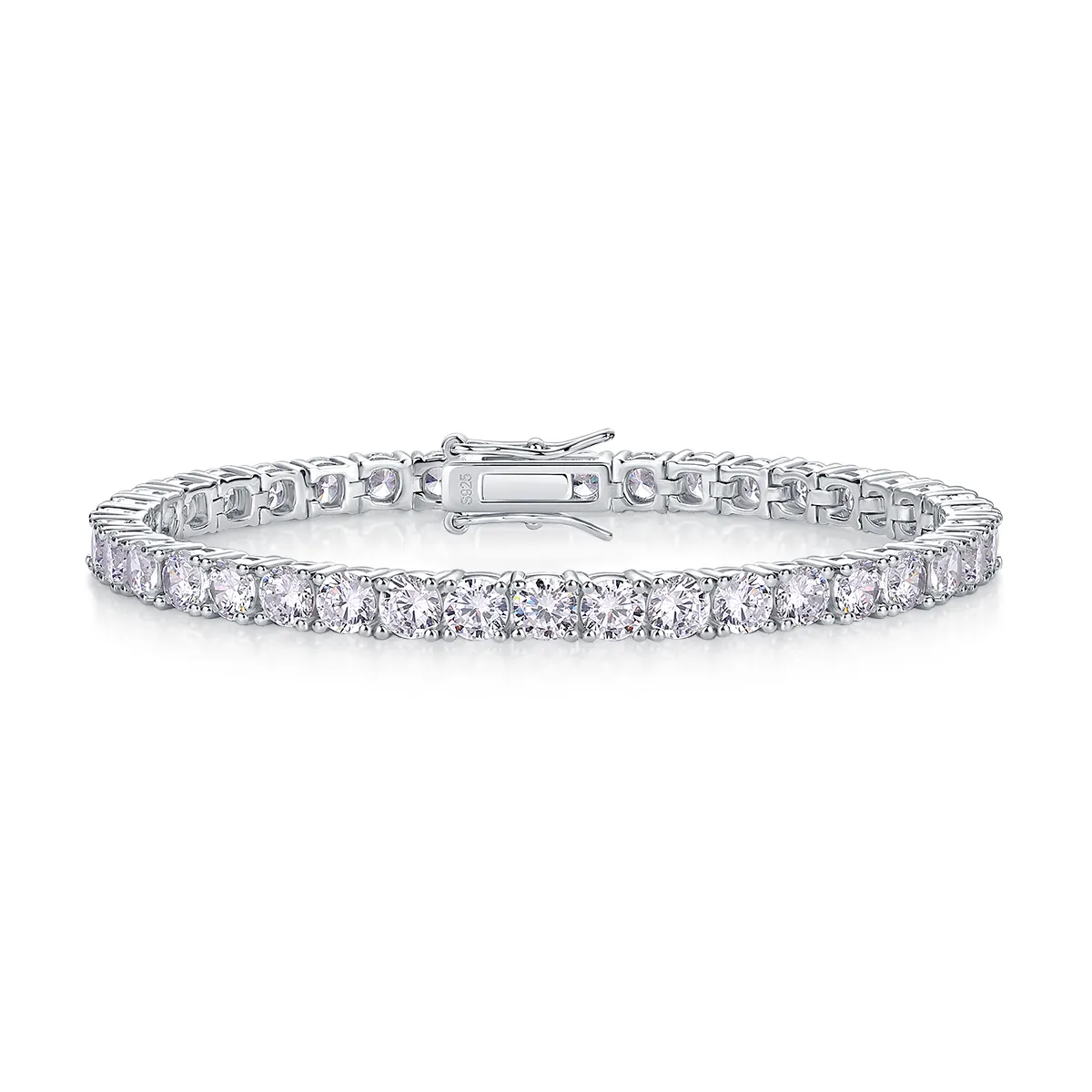 Round Moissanite Infinity Bracelet in 925 sterling silver with 18K white gold plating, featuring prong-set moissanites and an infinity-shaped clasp symbolizing eternity.