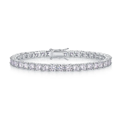 Round Moissanite Infinity Bracelet in 925 sterling silver with 18K white gold plating, featuring prong-set moissanites and an infinity-shaped clasp symbolizing eternity.