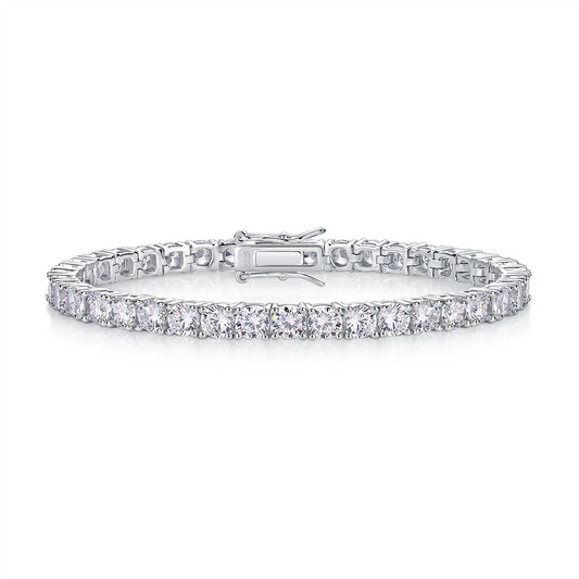 Round Moissanite Infinity Bracelet in 925 sterling silver with 18K white gold plating, featuring prong-set moissanites and an infinity-shaped clasp symbolizing eternity.