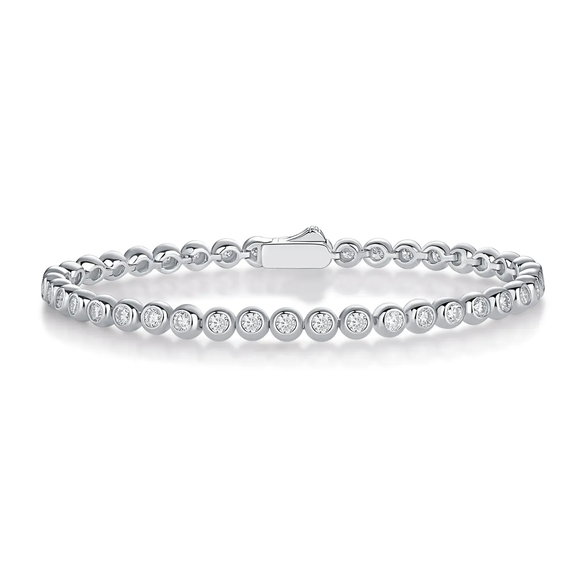 Round Moissanite Minimalist Bracelet in 925 sterling silver with 18K white gold plating, featuring bezel-set 2.5mm moissanites for a sleek, refined look.