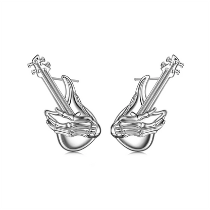 Gothic Skull Hand Earrings, White Gold Plated Sterling Silver Studs