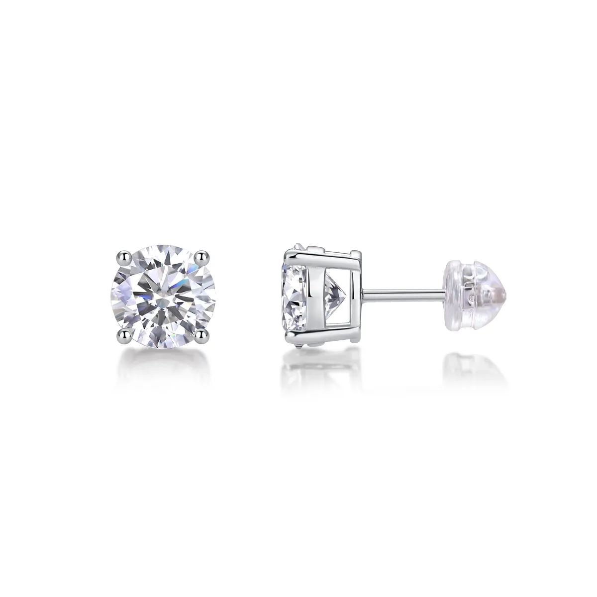 Round cut moissanite stud earrings in four-prong sterling silver setting, 6.5mm hypoallergenic design.