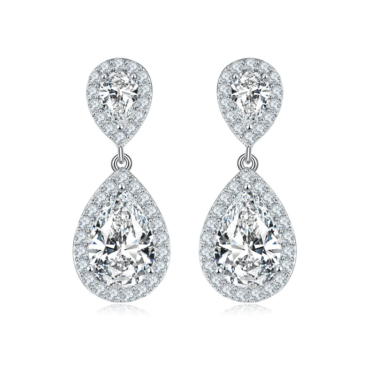 Double teardrop halo drop earrings with 9×6mm pear-cut moissanite, 925 sterling silver with 18K white gold plating.