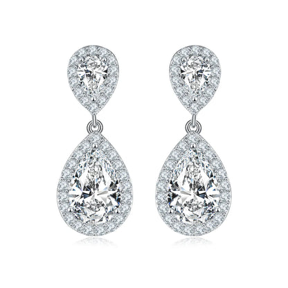 Double teardrop halo drop earrings with 9×6mm pear-cut moissanite, 925 sterling silver with 18K white gold plating.