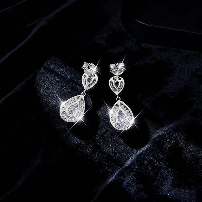 Double teardrop halo drop earrings with 9×6mm pear-cut moissanite, 925 sterling silver with 18K white gold plating.