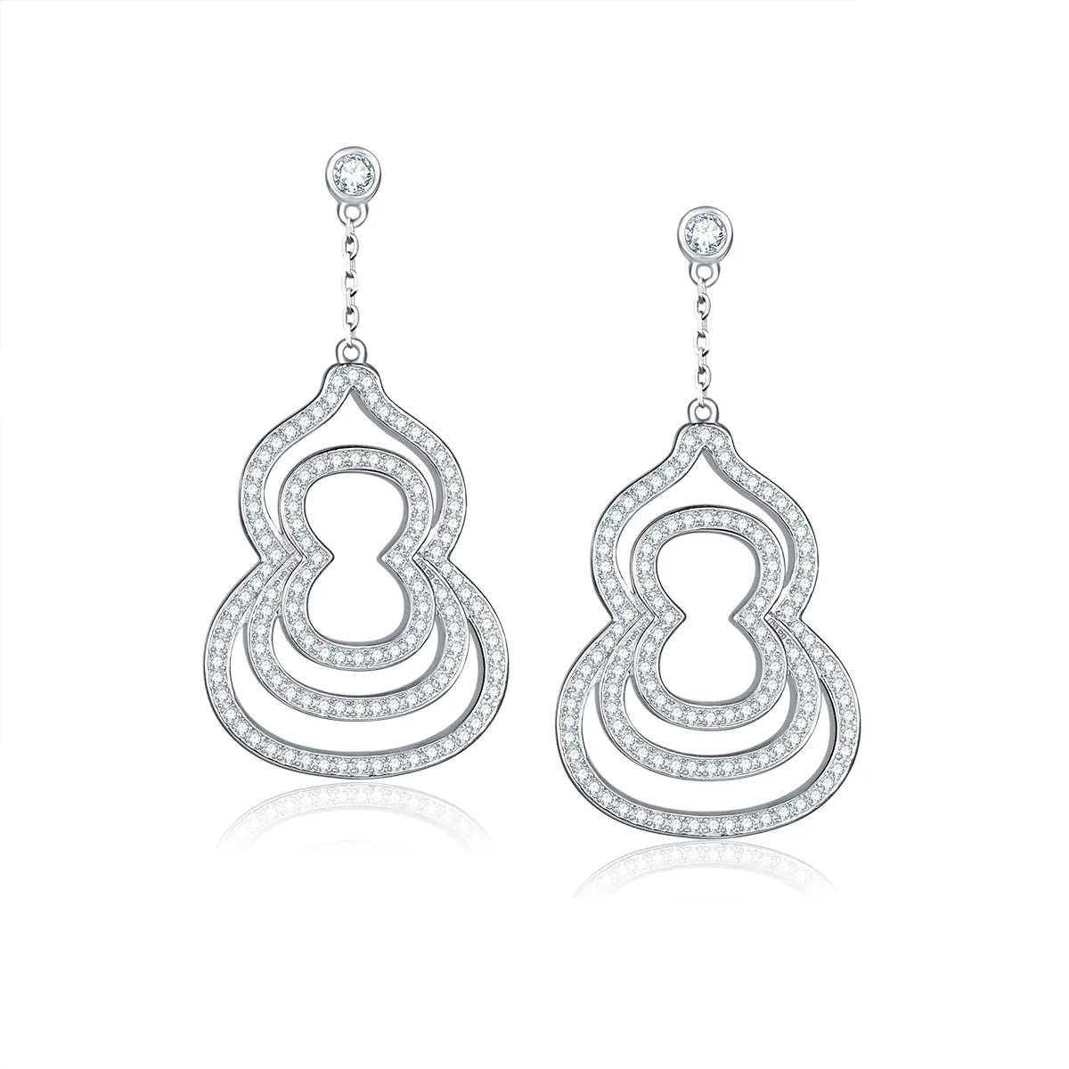 Layered sterling silver gourd drop earrings with airy openwork structure and pavé sparkle, symbolizing luck and abundance.