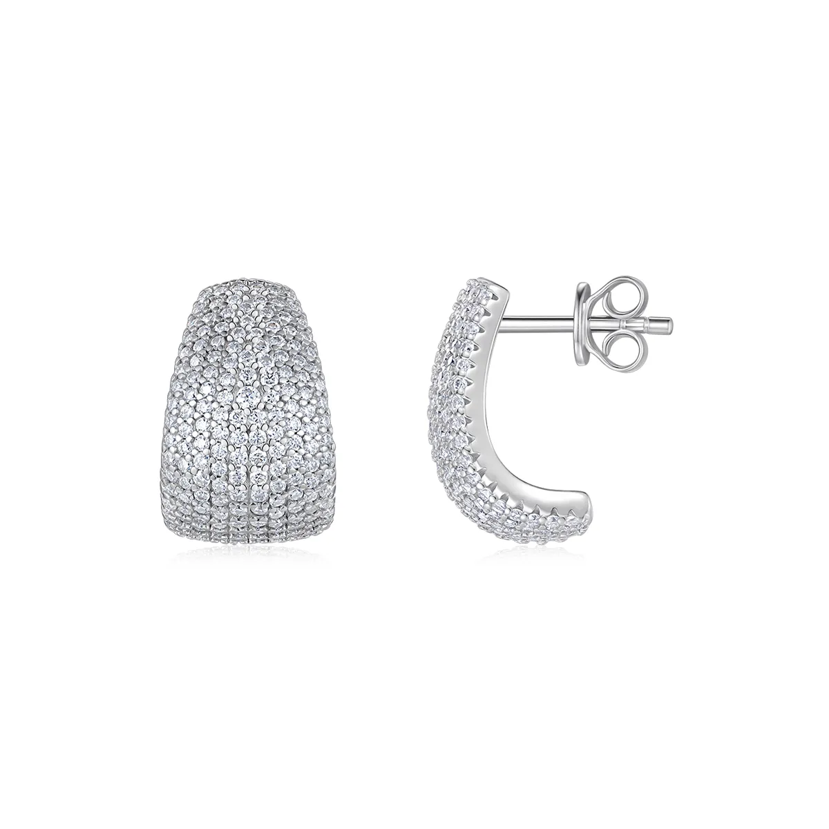 Sterling silver dome cuff stud earrings fully set with 1.5mm moissanite stones, creating a bold, full-pavé statement look with a comfortable curved fit.