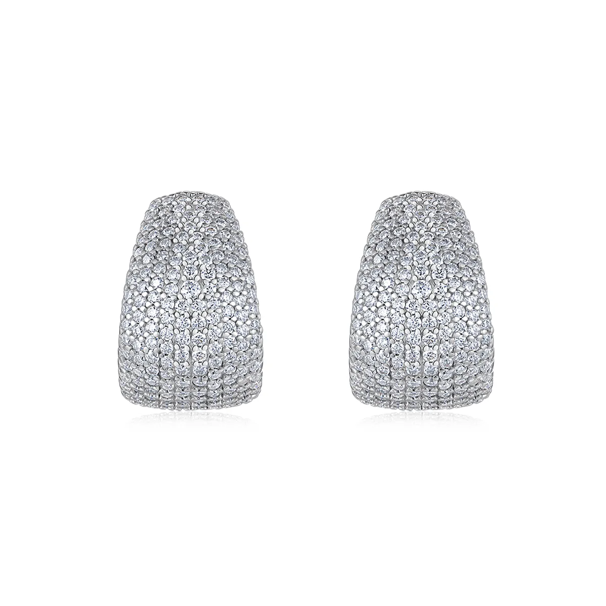 Sterling silver dome cuff stud earrings fully set with 1.5mm moissanite stones, creating a bold, full-pavé statement look with a comfortable curved fit.